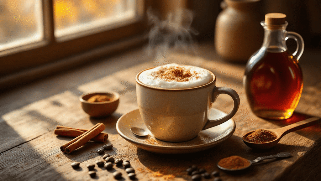 Spiced Maple Latte: Your New Fall Obsession (That Takes 5 Minutes) A steaming mug of spiced maple latte topped with creamy foam and cinnamon sits on a rustic wooden counter, surrounded by whole cinnamon sticks, ground nutmeg, maple syrup, and coffee beans, bathed in warm autumn light.