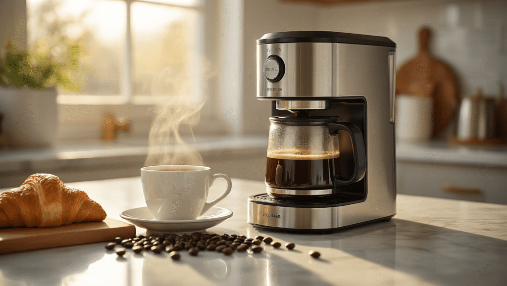 Why I'll Never Go Back to Plastic Coffee Makers (And You Shouldn't Either) Close-up of a polished stainless steel coffee maker with steam rising from a thermal carafe, surrounded by dark coffee beans on a marble countertop, warm morning light highlighting the scene, alongside a porcelain cup of espresso, croissant, and wooden cutting board in soft focus.