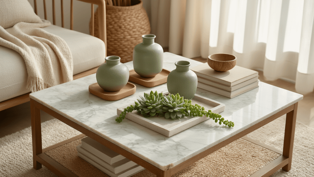 How to Style a Square Coffee Table Like a Design Pro (Without Breaking the Bank) A photorealistic image of a square coffee table styled with a marble tray, ceramic vessels, a trailing succulent, wooden objects, a woven basket, and stacked neutral books, illuminated by soft morning light filtering through linen curtains, highlighting texture contrasts and creating gentle shadows.
