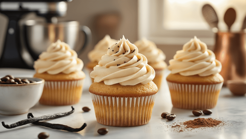 Vanilla Latte Cupcakes: Your Coffee Shop Favorite in Cake Form Cinematic close-up of vanilla latte cupcakes with espresso buttercream on a marble counter, featuring scattered vanilla beans and coffee beans, warm golden hour lighting, and glossy buttercream textures.
