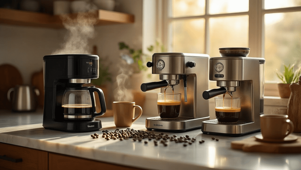 The Best Coffee Makers at Walmart: Your Complete Guide to Finding the Perfect Brew A modern kitchen countertop showcasing various coffee makers, including a sleek black drip coffee maker and a stainless steel espresso machine, with warm sunlight illuminating scattered coffee beans and earthy-toned ceramic mugs, creating a cozy atmosphere.