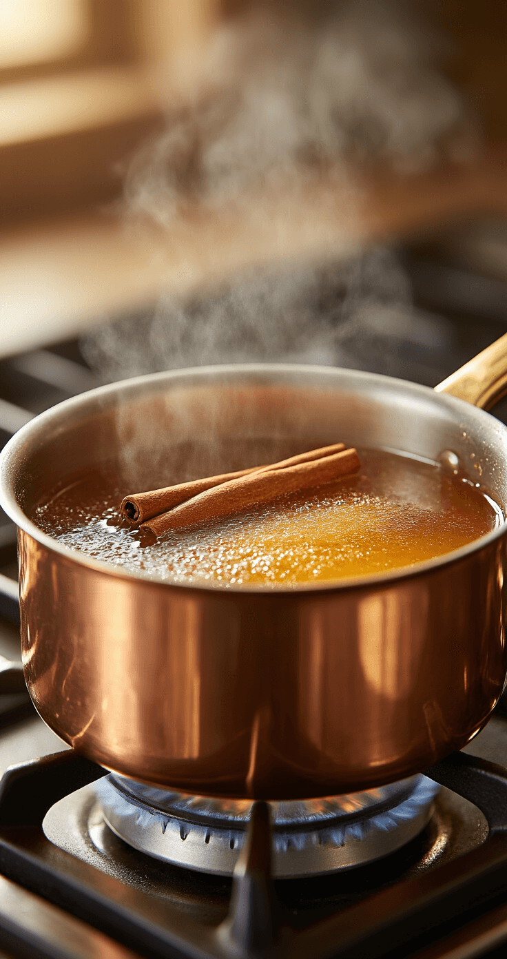Cinnamon Dolce Latte Recipe: Quick Homemade Coffee Shop Favorite Ultra-detailed close-up of a copper saucepan with cinnamon sticks in golden-brown syrup on a gas stove, steam rising, illuminated by warm kitchen lighting.