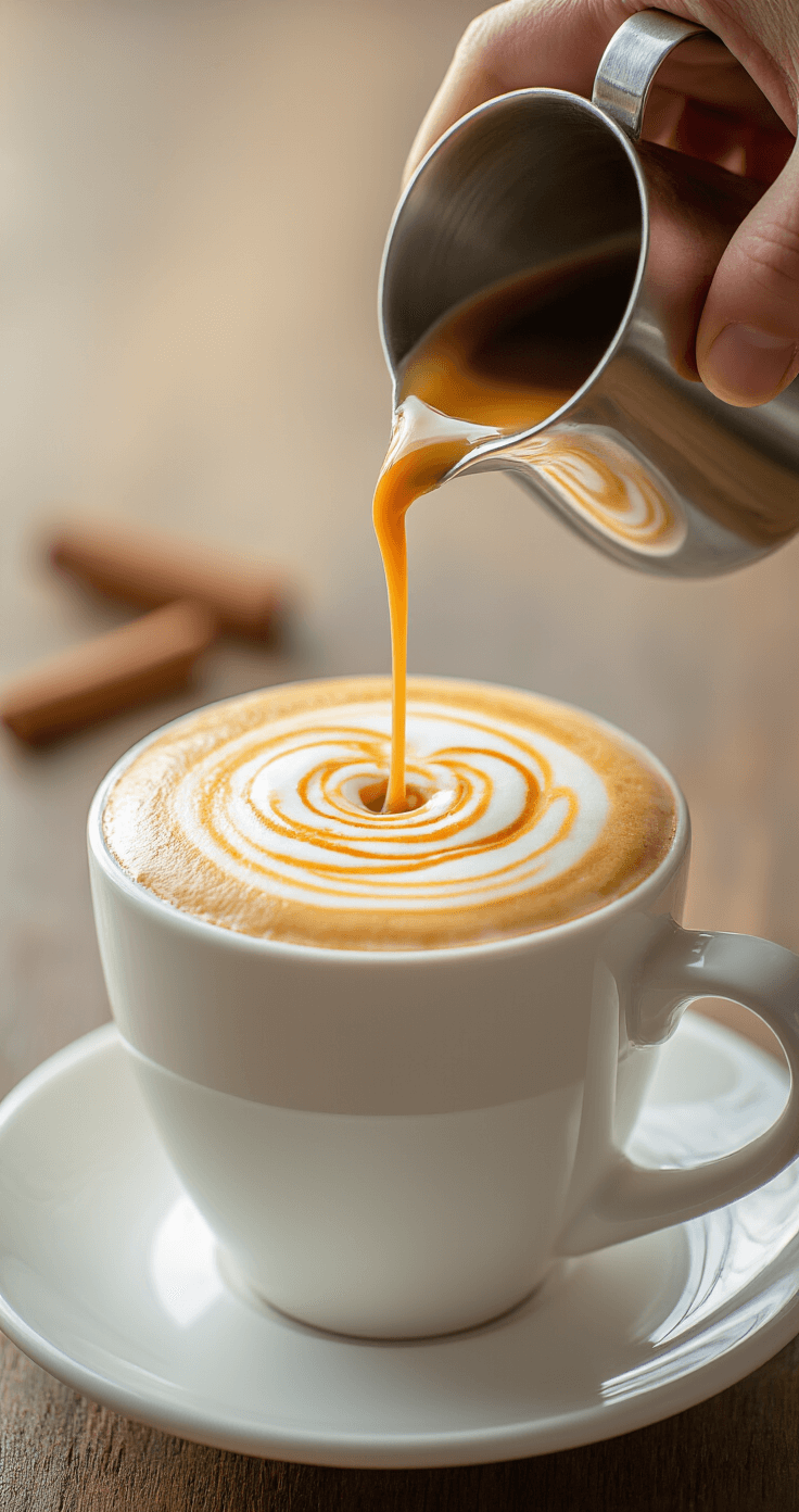 Cinnamon Dolce Latte Recipe: Quick Homemade Coffee Shop Favorite Overhead view of a barista pouring rich espresso into cinnamon dolce syrup in a white ceramic mug, creating caramel swirls, with a frothed milk pitcher tilted and cinnamon powder ready to sprinkle, all under soft morning light.