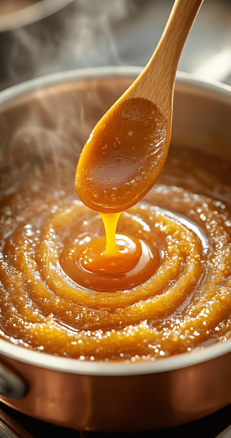Caramel Brûlée Latte: The Starbucks Copycat Recipe That Actually Works Close-up of amber caramel sauce being stirred in a copper saucepan, showcasing the transformation from sugar crystals to deep copper color, with steam rising and a wooden spoon mid-motion.