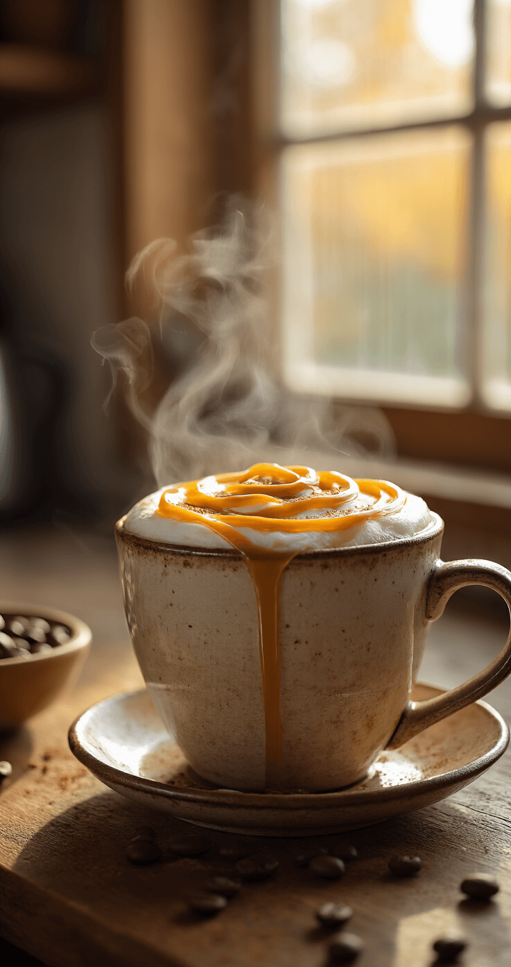 Apple Pie Coffee: Turn Your Morning Brew Into Dessert (Without the Guilt) Close-up of a steaming latte in a rustic ceramic mug with golden caramel drizzle, cinnamon dusting, and warm autumn light shining through a kitchen window, soft focus on a wooden counter and scattered coffee beans in the background.