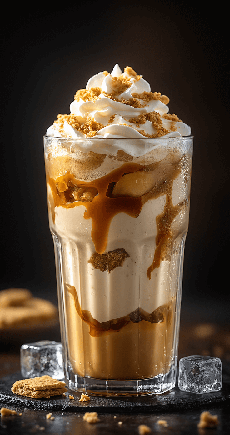 Apple Pie Coffee: Turn Your Morning Brew Into Dessert (Without the Guilt) A tall glass of cold brew coffee with layers of caramel, visible apple pie filling specks, topped with a whipped cream cloud and crushed graham cracker, captured from above with dramatic side lighting and condensation droplets on the glass.