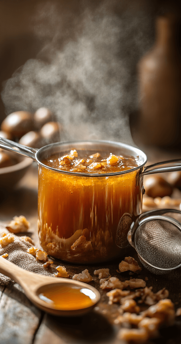 Chestnut Praline Latte: Your Complete Guide to This Nutty, Sweet Holiday Favorite Close-up of a steaming saucepan filled with golden-brown chestnut praline syrup, surrounded by scattered roasted chestnuts and warm kitchen lighting, featuring a wooden spoon and mesh strainer nearby, enhancing the rich amber liquid and caramelized texture against a rustic kitchen background.
