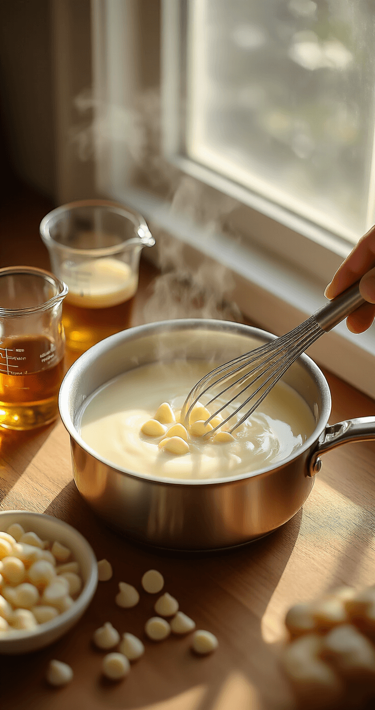 Sugar Cookie Coffee: Your New Holiday Obsession (Ready in 15 Minutes) Cinematic overhead view of a saucepan on medium heat with steam rising as white chocolate chips dissolve in creamy half-and-half, illuminated by golden morning light, surrounded by glass measuring cups of vanilla syrup and amber almond extract on warm wood countertops.