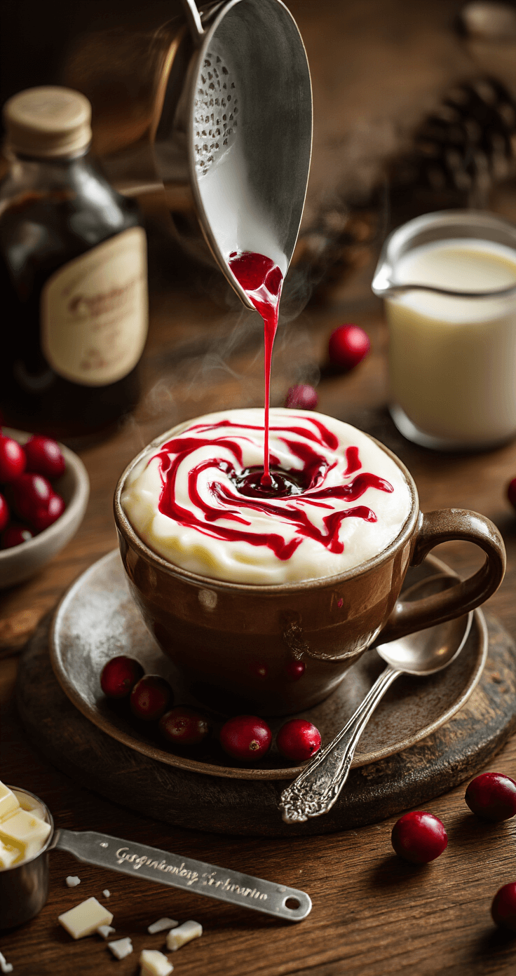 Cranberry Mocha: Your Perfect Holiday Coffee Drink Recipe Overhead shot of a rustic wooden countertop featuring the preparation of cranberry mocha, with steam rising from a ceramic espresso cup, dark espresso mixed with cranberry syrup, and drizzled white chocolate sauce, illuminated by warm kitchen lighting alongside measuring spoons, a frother, fresh cranberries, and white chocolate shavings.