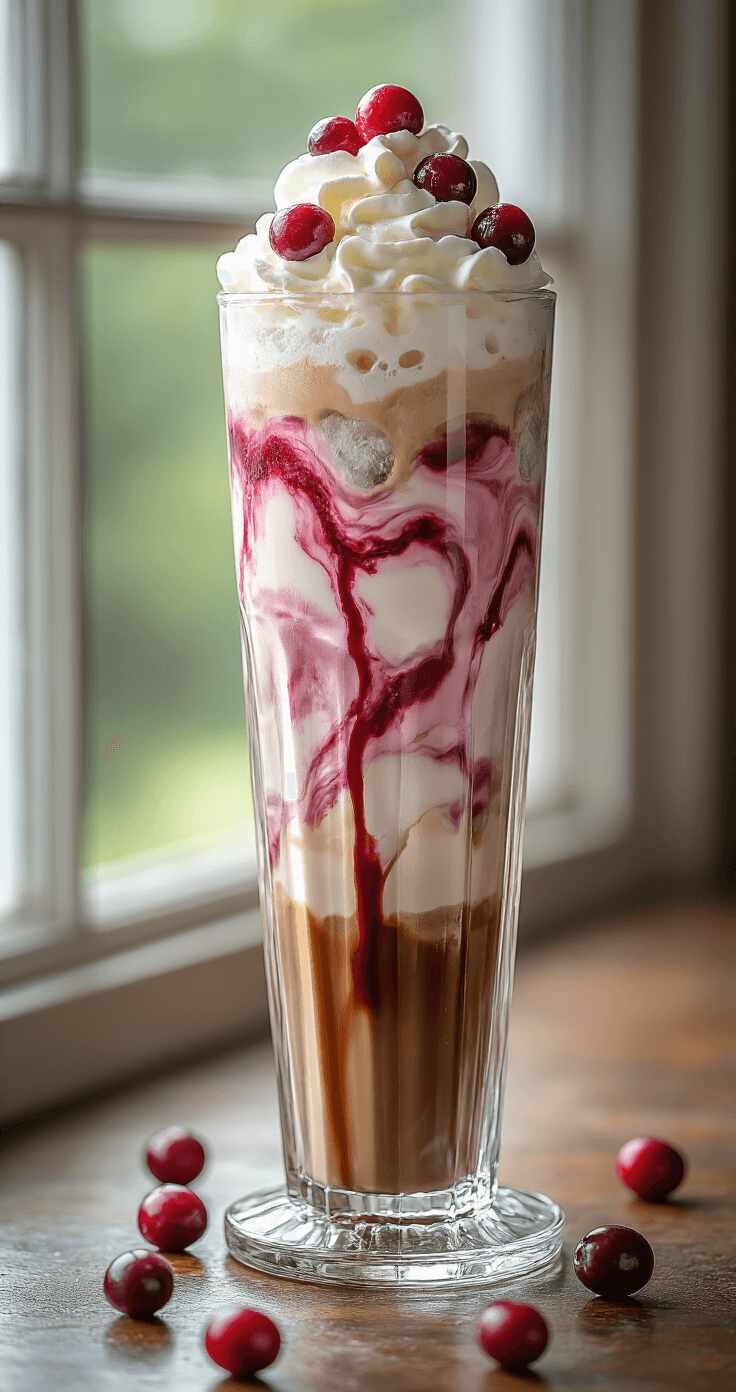 Cranberry Mocha: Your Perfect Holiday Coffee Drink Recipe Iced cranberry mocha layered drink in a tall glass tumbler, showcasing pink marbled milk and cranberry syrup, a distinct coffee layer from freshly brewed espresso, white chocolate sauce at the bottom, topped with whipped cream and fresh cranberries, all enhanced by natural light and condensation on the glass.