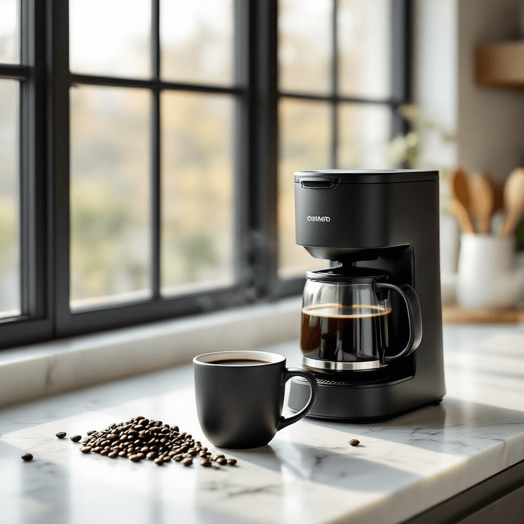 The 5-Cup Coffee Maker Revolution: Why Small Batches Mean Big Flavor Photorealistic overhead view of a minimalist kitchen counter with a sleek 5-cup coffee maker, a matte black ceramic mug filled with coffee, and scattered coffee beans on a white marble countertop, illuminated by soft morning light.