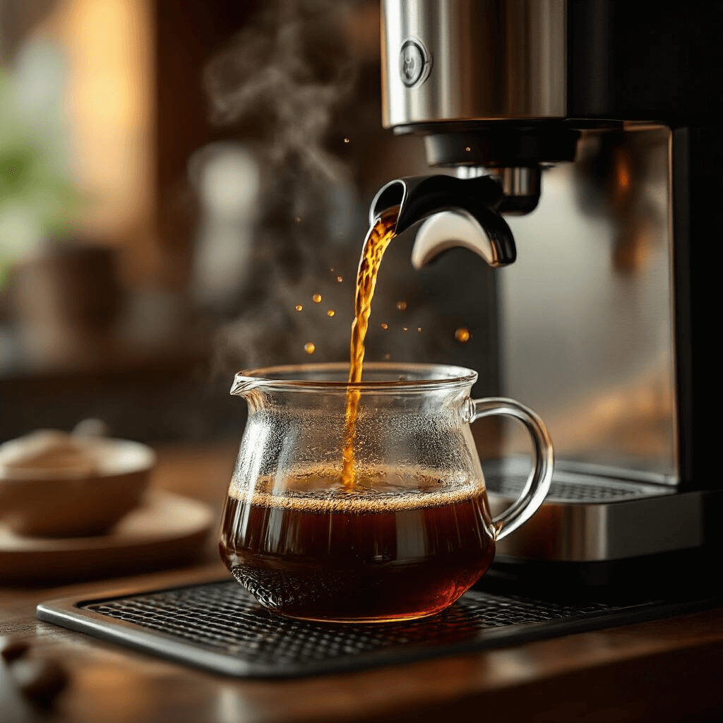 The 5-Cup Coffee Maker Revolution: Why Small Batches Mean Big Flavor Cinematic close-up of a thermal coffee carafe being filled with rich, golden-brown coffee, droplets cascading down its surface, surrounded by warm amber and deep walnut tones. A SCA-certified coffee maker is partially visible in the background, with stainless steel and matte black surfaces reflecting sophisticated lighting and dramatic shadows, while steam rises softly to emphasize the perfect brewing moment.