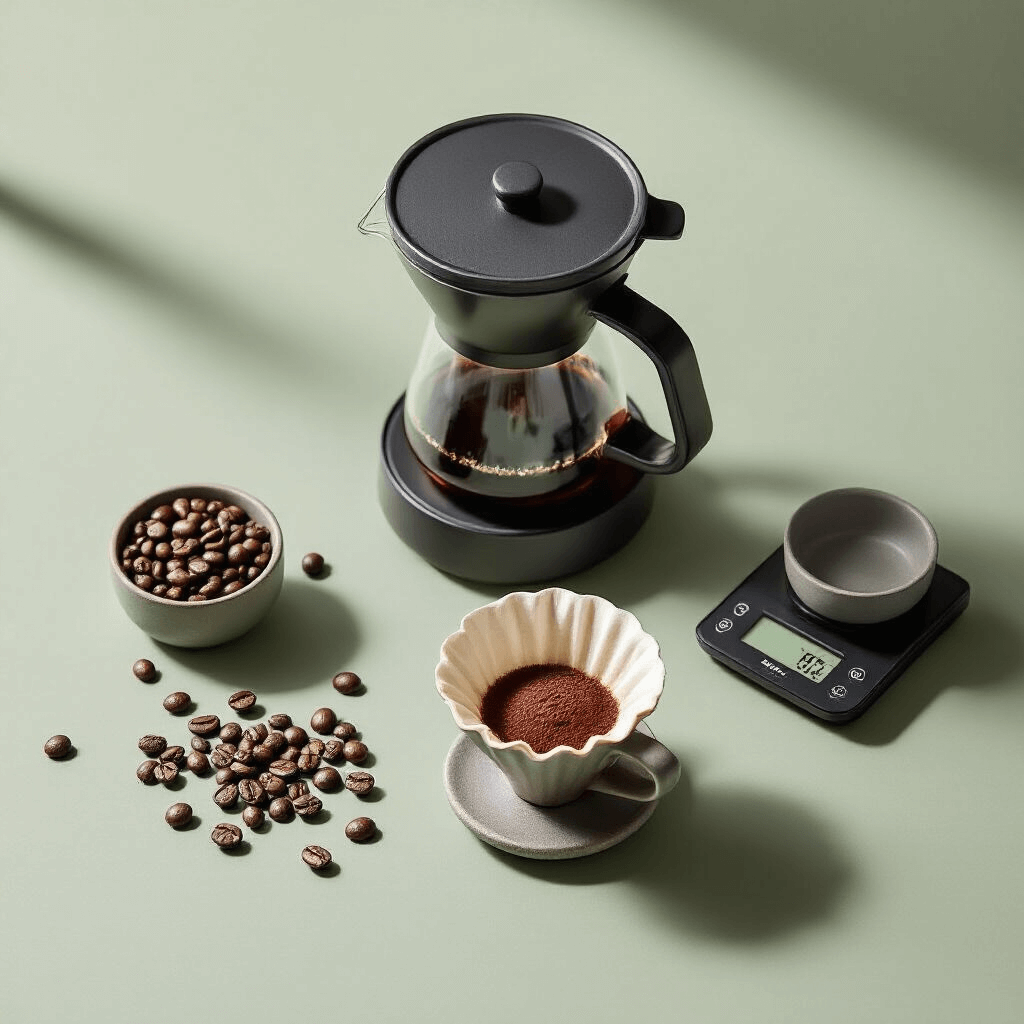The 5-Cup Coffee Maker Revolution: Why Small Batches Mean Big Flavor Intimate flat lay of a 5-cup coffee maker setup with a ceramic pour-over dripper, precision scale, whole coffee beans, and ground coffee in a gray container, featuring soft natural light and a muted color palette of sage green and warm taupe.