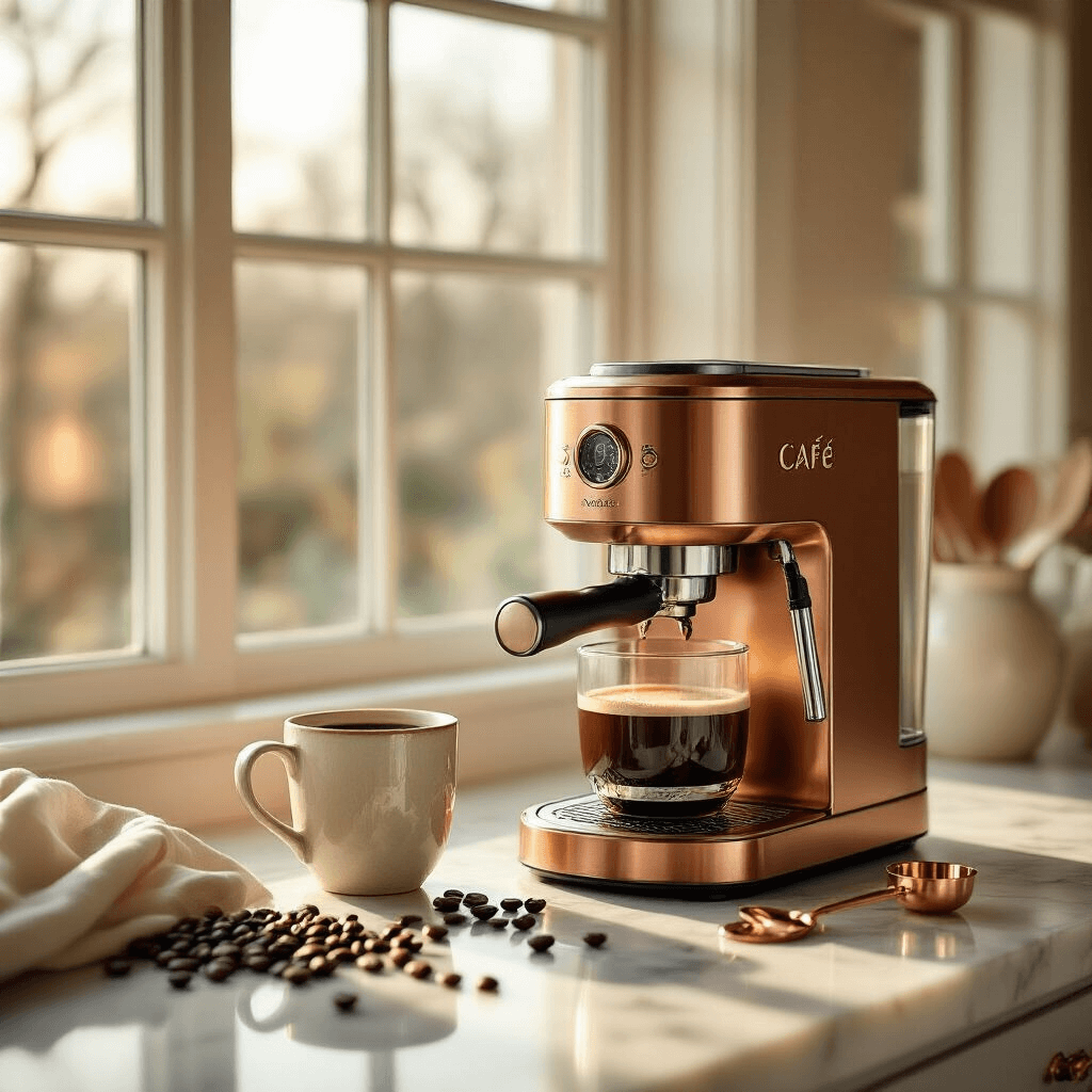 My Honest Review: Are Café Coffee Makers Worth the Premium Price Tag? A luxurious kitchen countertop bathed in golden morning light, featuring a sleek copper-accented Café coffee maker beside a hand-crafted ceramic mug filled with freshly brewed coffee, scattered coffee beans, and a delicate copper measuring spoon on an elegant marble surface.