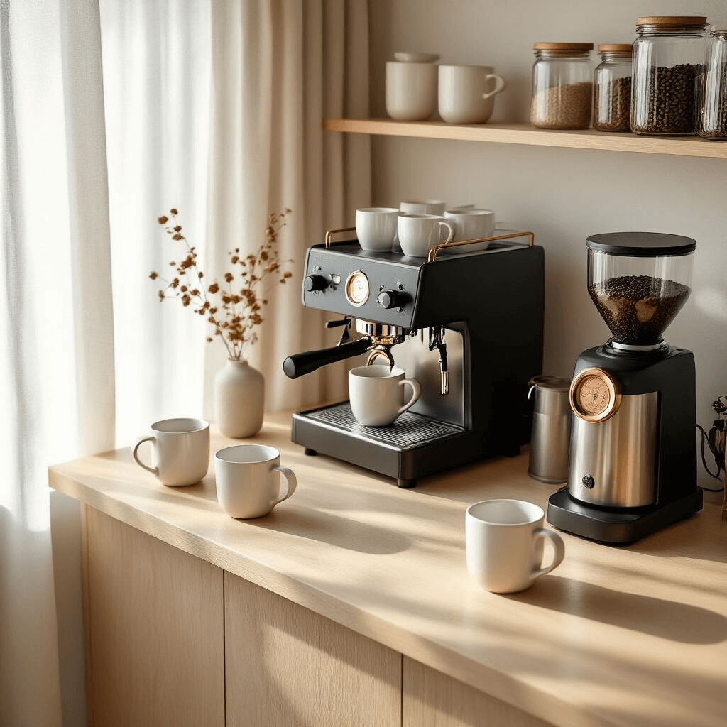 Transform Your Kitchen Into a Café Paradise: The Ultimate Modern Coffee Bar Setup Guide Photorealistic overhead view of a Scandinavian-style coffee bar featuring pale birch wood countertops, minimalist white ceramic mugs, a matte black espresso machine, and morning light filtering through sheer curtains, with a digital scale, a modern burr grinder, and organized glass bean storage containers.