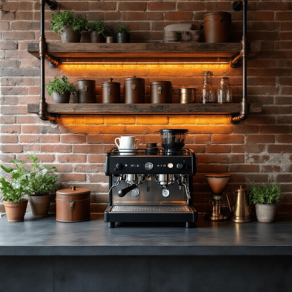 Transform Your Kitchen Into a Café Paradise: The Ultimate Modern Coffee Bar Setup Guide Dramatic industrial coffee bar with exposed brick wall, charcoal concrete countertop, and reclaimed wood shelves; features a matte black espresso machine, leather storage containers, warm LED lighting, cast iron pour-over stand, brass accessories, and potted herbs.