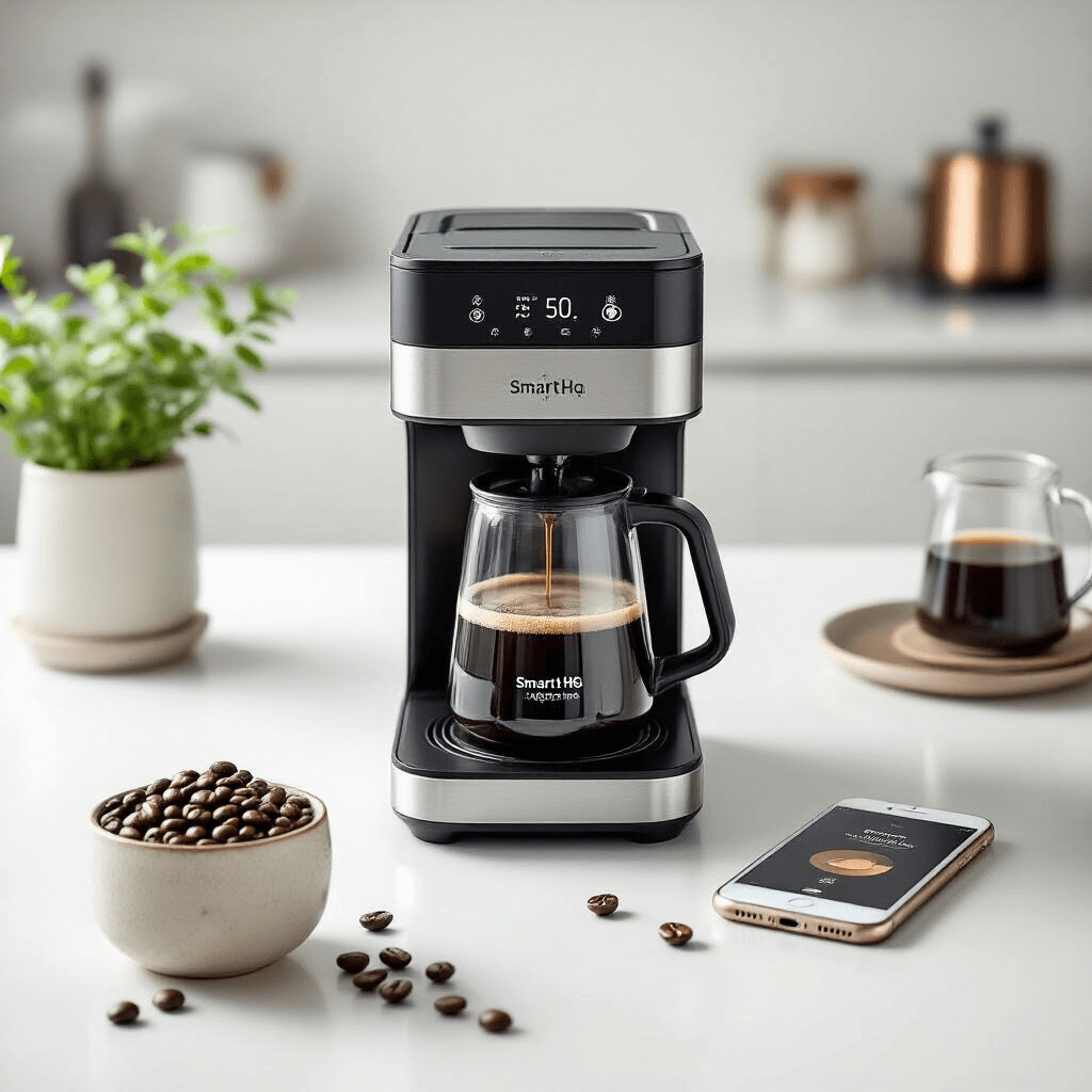 My Honest Review: Are Café Coffee Makers Worth the Premium Price Tag? A high-end coffee brewing setup featuring a Specialty Drip Coffee Maker connected to a smartphone displaying the SmartHQ app, set against a pristine white kitchen background. Steam rises from a thermal carafe, surrounded by specialty coffee beans in a minimalist ceramic container, with soft LED lighting and copper accents enhancing the technology-focused atmosphere.
