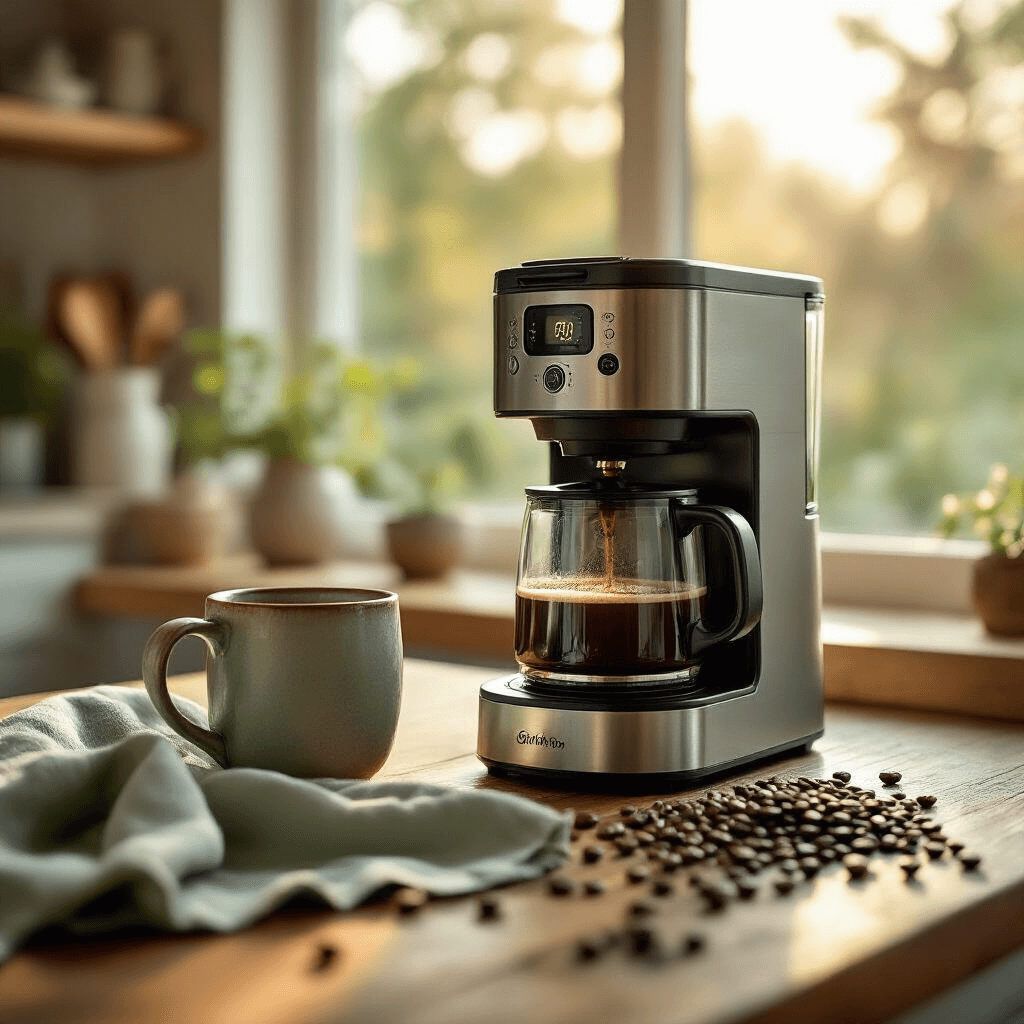 My Honest Review: Are Café Coffee Makers Worth the Premium Price Tag? An intimate scene of a modern kitchen bathed in warm sunlight, featuring a Grind and Brew coffee maker in action with whole beans being ground. A hand-thrown pottery mug and a soft sage green linen towel add warmth, while scattered coffee beans rest on a rustic wooden surface.