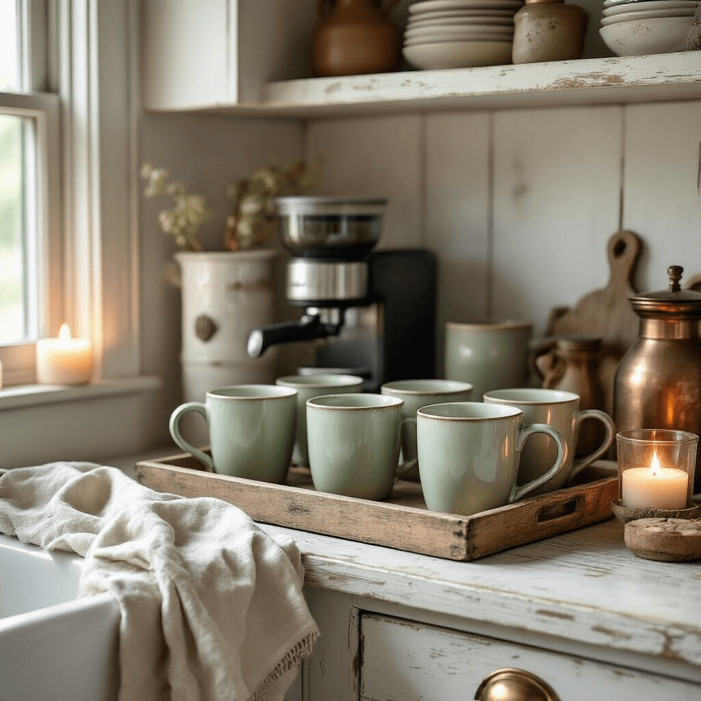 Transform Your Kitchen Into a Café Paradise: The Ultimate Modern Coffee Bar Setup Guide A modern farmhouse coffee bar featuring distressed white wooden surfaces, vintage brass-handled drawers, soft sage green ceramic mugs on a rustic tray, warm candlelight, morning sunlight, a milk frother, antique copper grinder, hand-thrown pottery accessories, and a casually draped linen kitchen towel, evoking a cozy and inviting atmosphere.