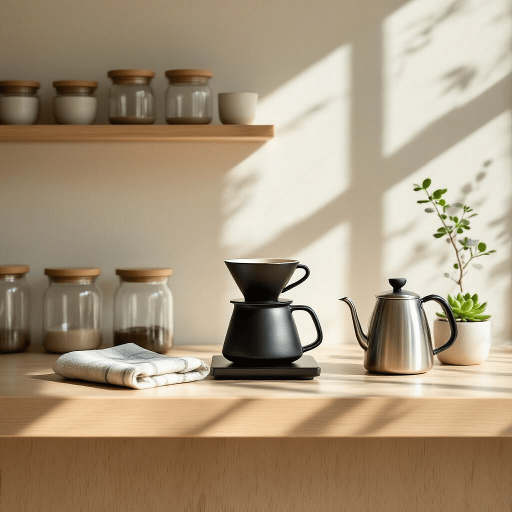 Transform Your Kitchen Into a Café Paradise: The Ultimate Modern Coffee Bar Setup Guide A Japandi-inspired coffee bar featuring a low-profile pale ash wood counter, a minimalist black ceramic pour-over setup, a traditional Japanese tea towel, a sleek stainless steel kettle, soft natural light, glass storage jars with wooden lids, and a small green succulent, all arranged in a calm, zen-like composition.