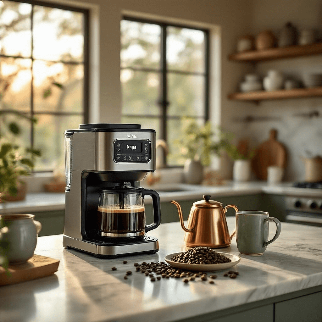 Finding Your Perfect Coffee Maker at Costco: A Complete Guide to Every Brew Style A luxurious kitchen bathed in golden hour light, showcasing a Ninja DualBrew XL coffee maker on a marble countertop, surrounded by fresh coffee beans, a copper pour-over kettle, and artisan ceramic mugs, with warm wood tones and sage green accents.