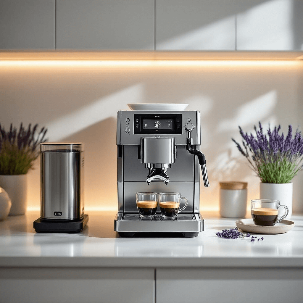 Finding Your Perfect Coffee Maker at Costco: A Complete Guide to Every Brew Style A modern kitchen featuring the JURA E6 espresso machine on a white countertop, surrounded by a coffee scale, glass espresso cups, and fresh lavender, enhanced by soft lighting that accentuates the machine's metallic finish.