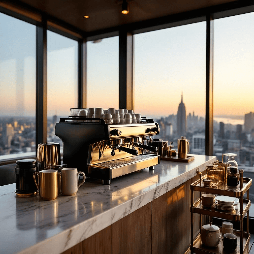 Transform Your Kitchen Into a Café Paradise: The Ultimate Modern Coffee Bar Setup Guide Luxurious rooftop coffee bar at golden hour, featuring floor-to-ceiling windows with a city skyline view, a marble countertop, brass accents, designer mugs in earth tones, and a high-end espresso machine, all bathed in warm evening light.