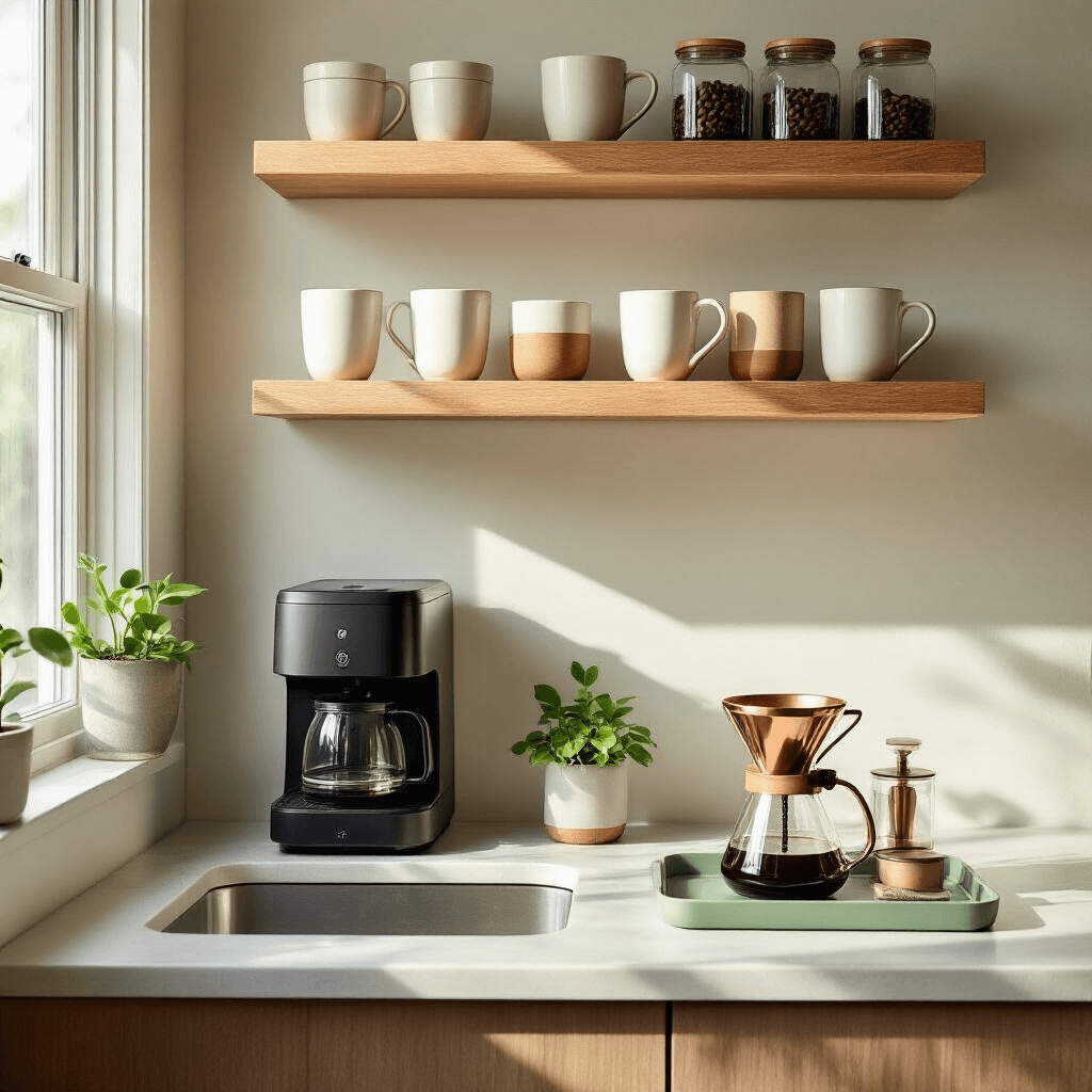 Transform Your Tiny Space Into the Ultimate Coffee Paradise Photorealistic coffee bar scene in a compact studio apartment featuring three floating wooden shelves above a kitchen sink, showcasing a matte black coffee maker, curated ceramic mugs, artisan coffee beans, a copper pour-over dripper, and a potted mint plant, all illuminated by soft morning light.