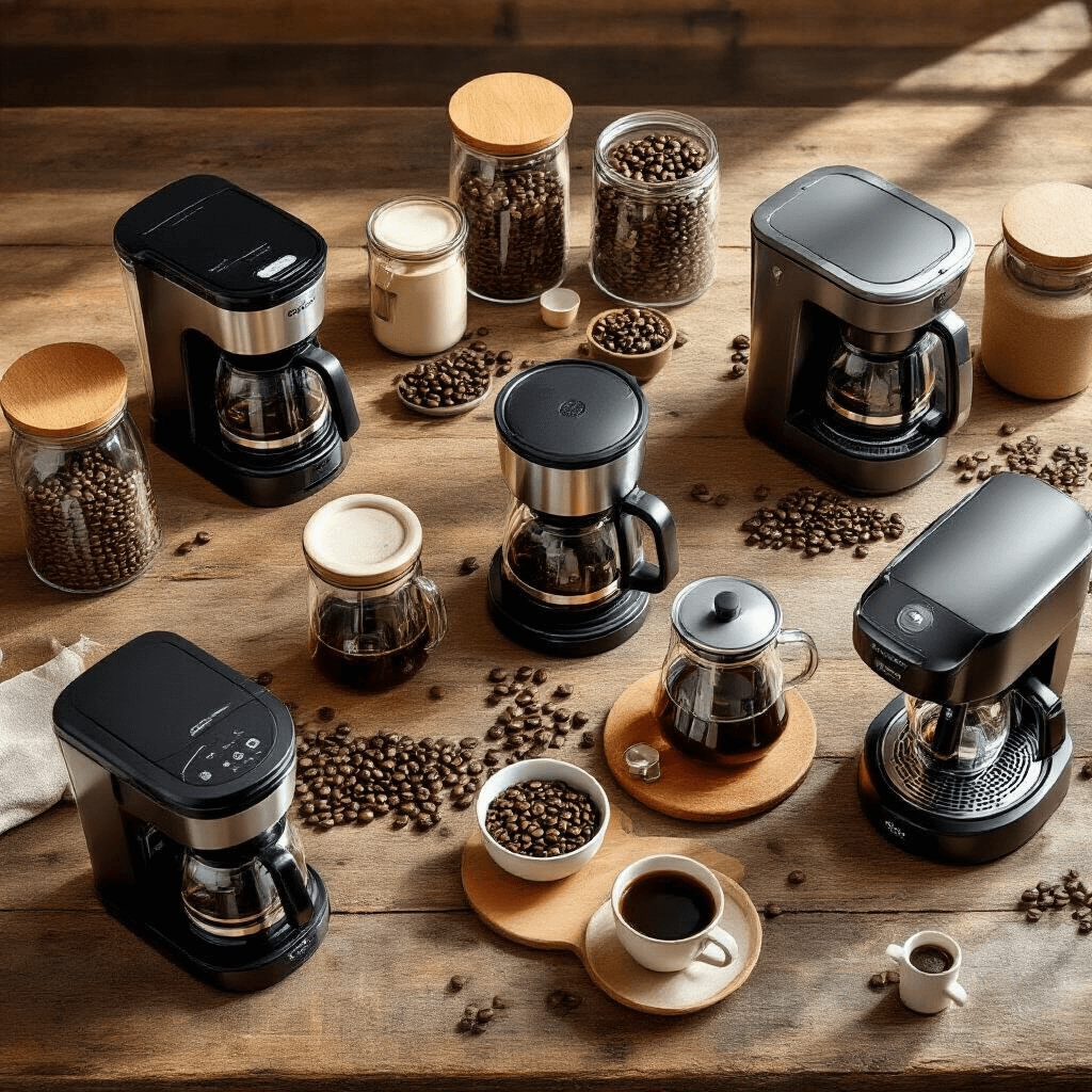 Finding Your Perfect Coffee Maker at Costco: A Complete Guide to Every Brew Style An overhead flat-lay image of various Costco coffee makers on a rustic wooden surface, featuring budget drip machines, single-serve models, and premium espresso makers, surrounded by whole coffee beans in glass containers, brewing accessories, and soft shadows from filtered sunlight, showcasing a warm color palette of browns and creams.