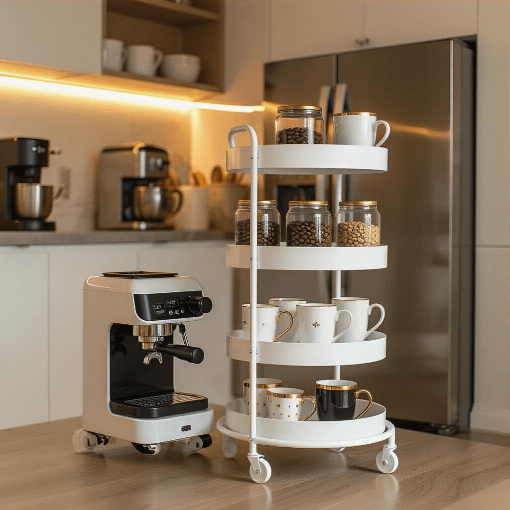Transform Your Tiny Space Into the Ultimate Coffee Paradise A cozy coffee nook featuring a three-tier white rolling cart beside a refrigerator, styled with a manual espresso maker, glass containers of coffee beans, vintage mugs, under-lighting, and soft overhead LED strips, all set in a modern apartment kitchen with neutral tones.
