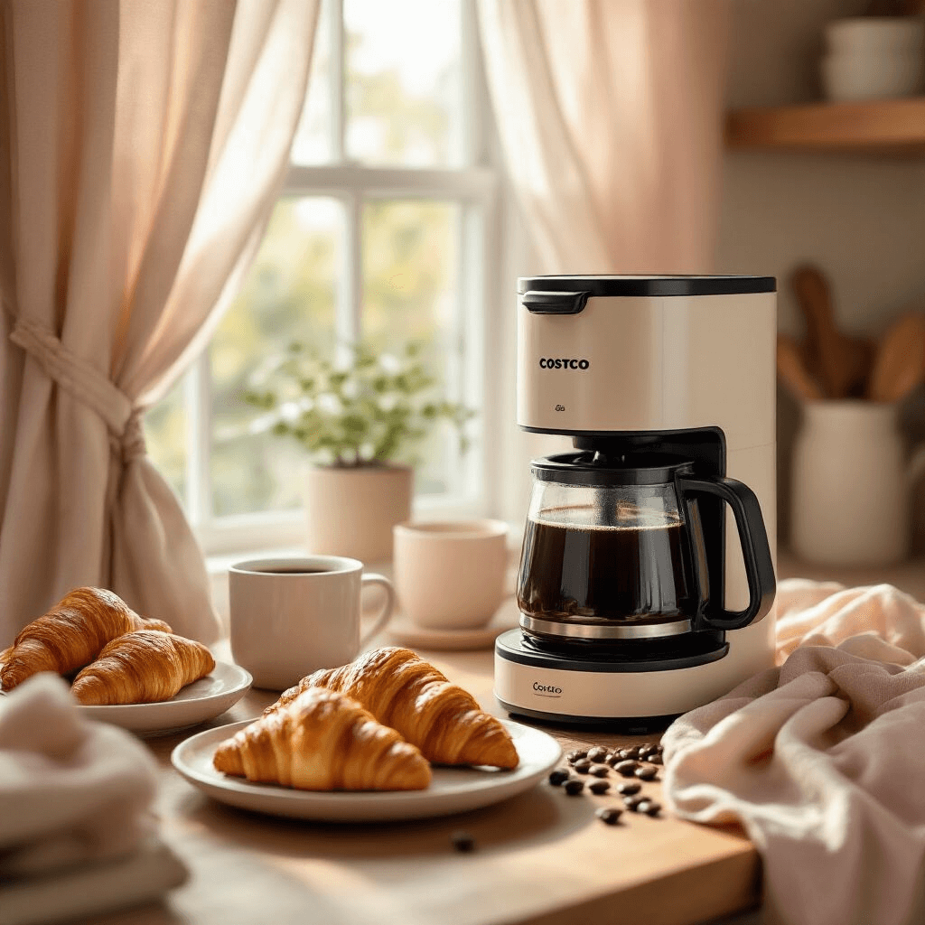 Finding Your Perfect Coffee Maker at Costco: A Complete Guide to Every Brew Style A cozy kitchen nook bathed in soft morning light features a budget-friendly Costco drip coffee maker, steaming coffee carafe, fresh croissants on a ceramic plate, and scattered coffee beans, with blush and cream textiles creating a warm atmosphere.