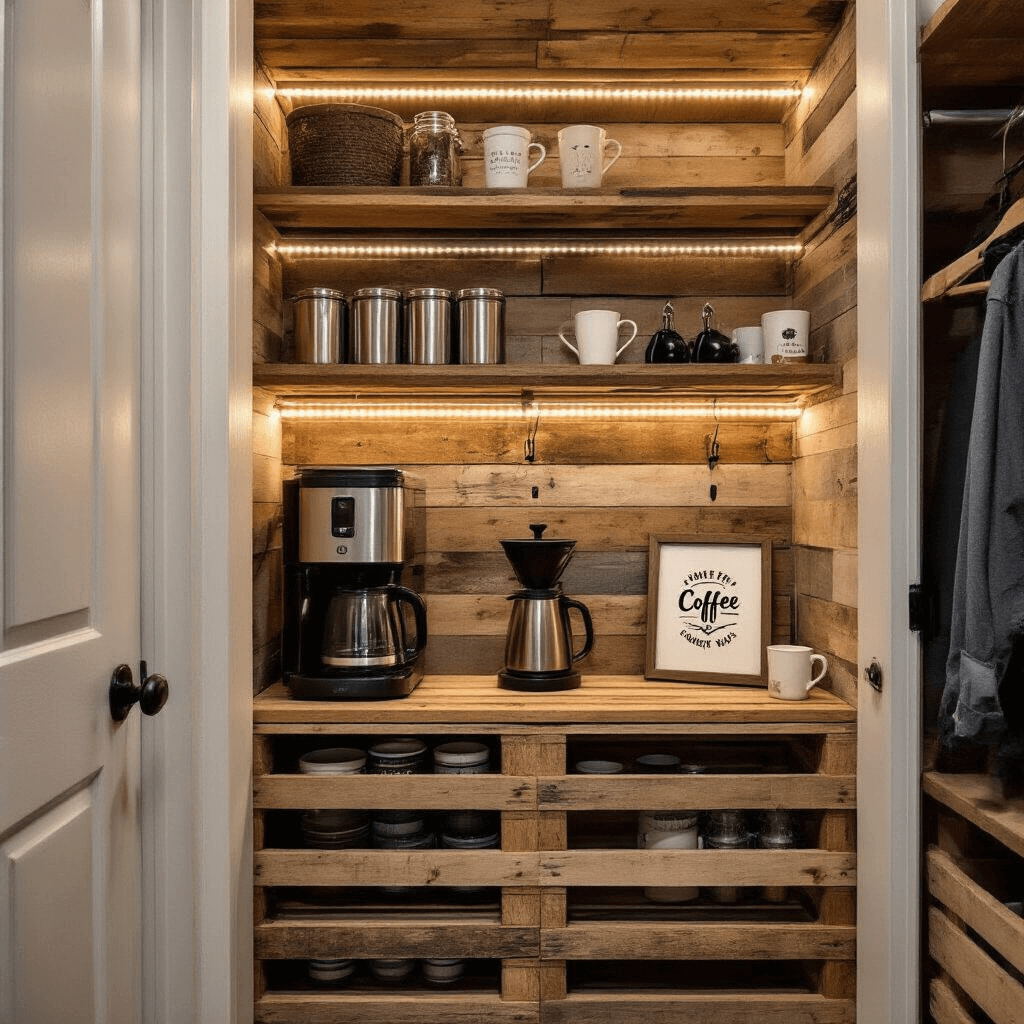 Transform Your Tiny Space Into the Ultimate Coffee Paradise Rustic-chic closet coffee bar featuring reclaimed wood shelves, LED strip lights, magnetic containers for supplies, and hanging hooks for mugs, showcasing a creative transformation of a hall closet into a compact brewing station.