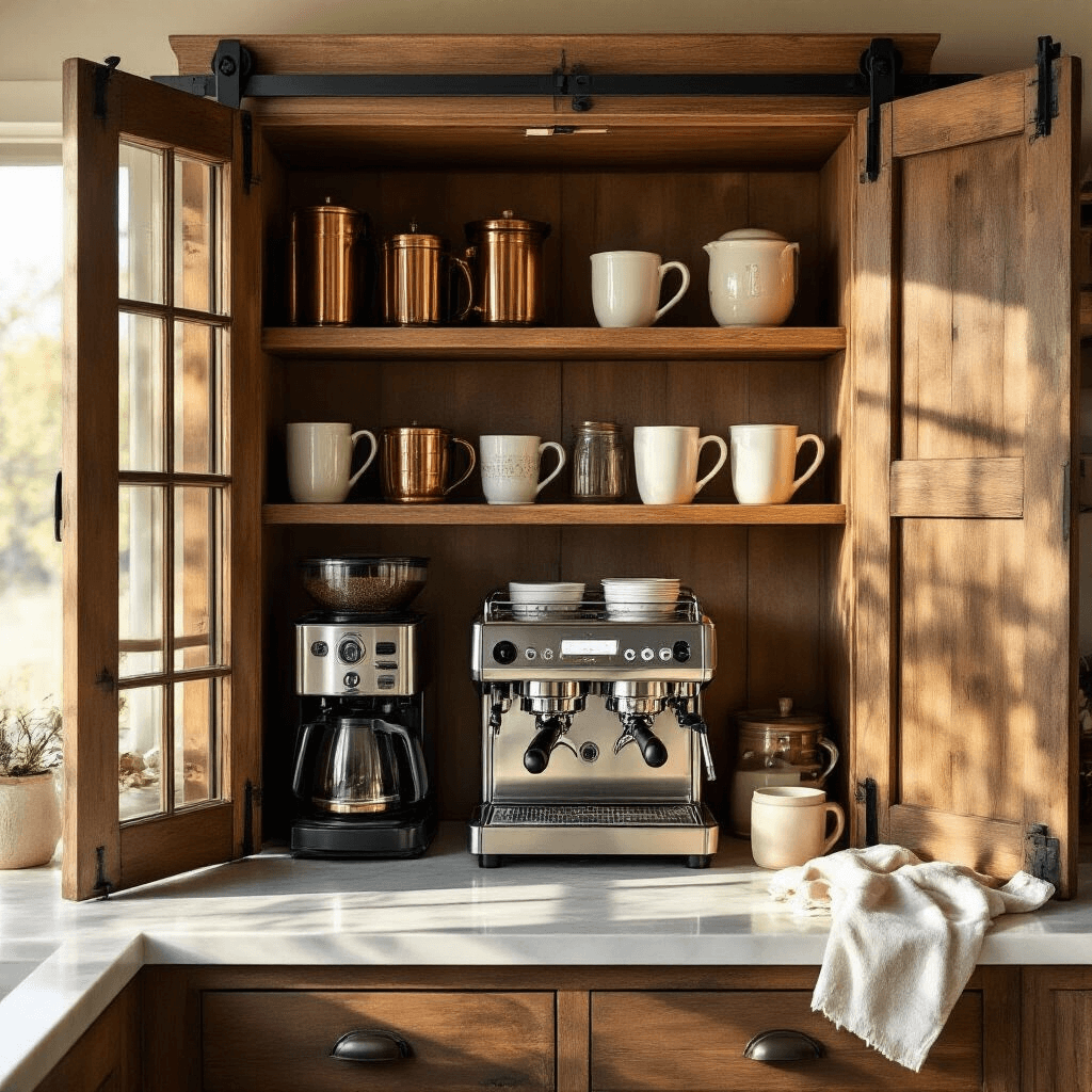 Transform Your Morning Ritual with the Perfect Coffee Bar Cabinet A luxurious farmhouse-style coffee bar cabinet with sliding barn wood doors, showcasing gleaming copper coffee grinders, vintage ceramic mugs, and rich walnut shelving, illuminated by warm golden hour sunlight on a polished marble countertop with coffee accessories and an espresso machine.