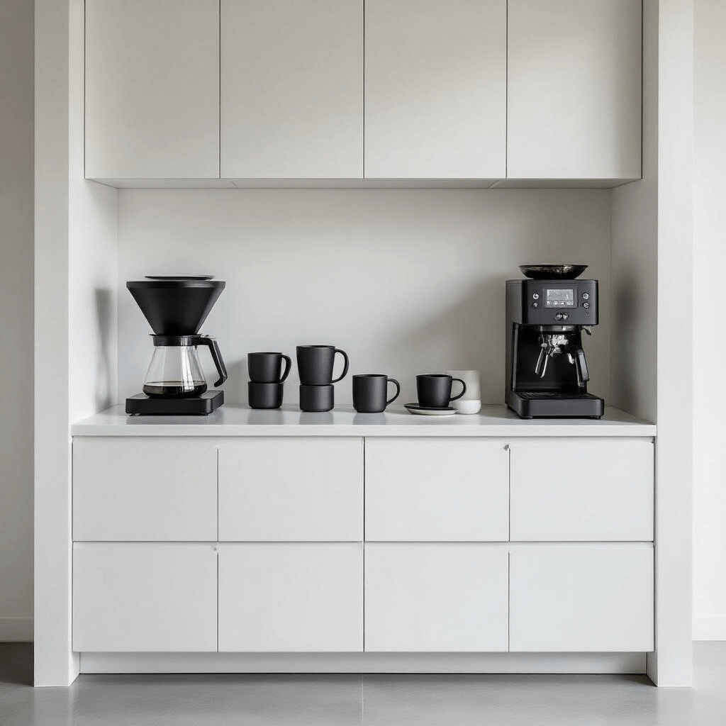 Transform Your Morning Ritual with the Perfect Coffee Bar Cabinet A modern minimalist coffee station with a sleek white cabinet, matte black coffee equipment, and geometric accessories, bathed in soft natural light.