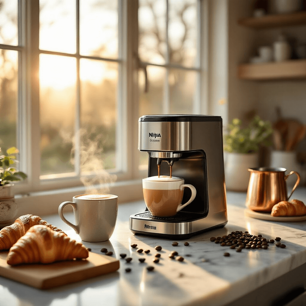 I Tested Every Ninja Coffee Maker with Frother – Here's What Actually Works (And What Doesn't) A warmly lit modern kitchen at golden hour, featuring a sleek Ninja coffee maker and a stainless steel frother, with a frothed latte in an artisan mug, scattered coffee beans, a copper milk pitcher, and fresh croissants on a wooden cutting board, all under soft morning sunlight casting gentle shadows on a marble countertop.