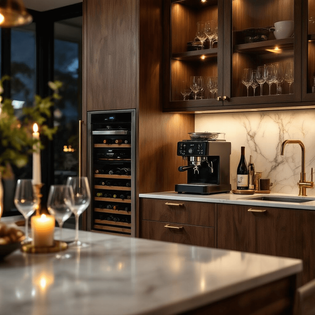 Transform Your Morning Ritual with the Perfect Coffee Bar Cabinet An elegant kitchen cabinet featuring walnut wood, glass storage, a wine rack, and coffee equipment, illuminated by soft candlelight, casting shadows on a marble countertop adorned with wine glasses and coffee brewing tools.