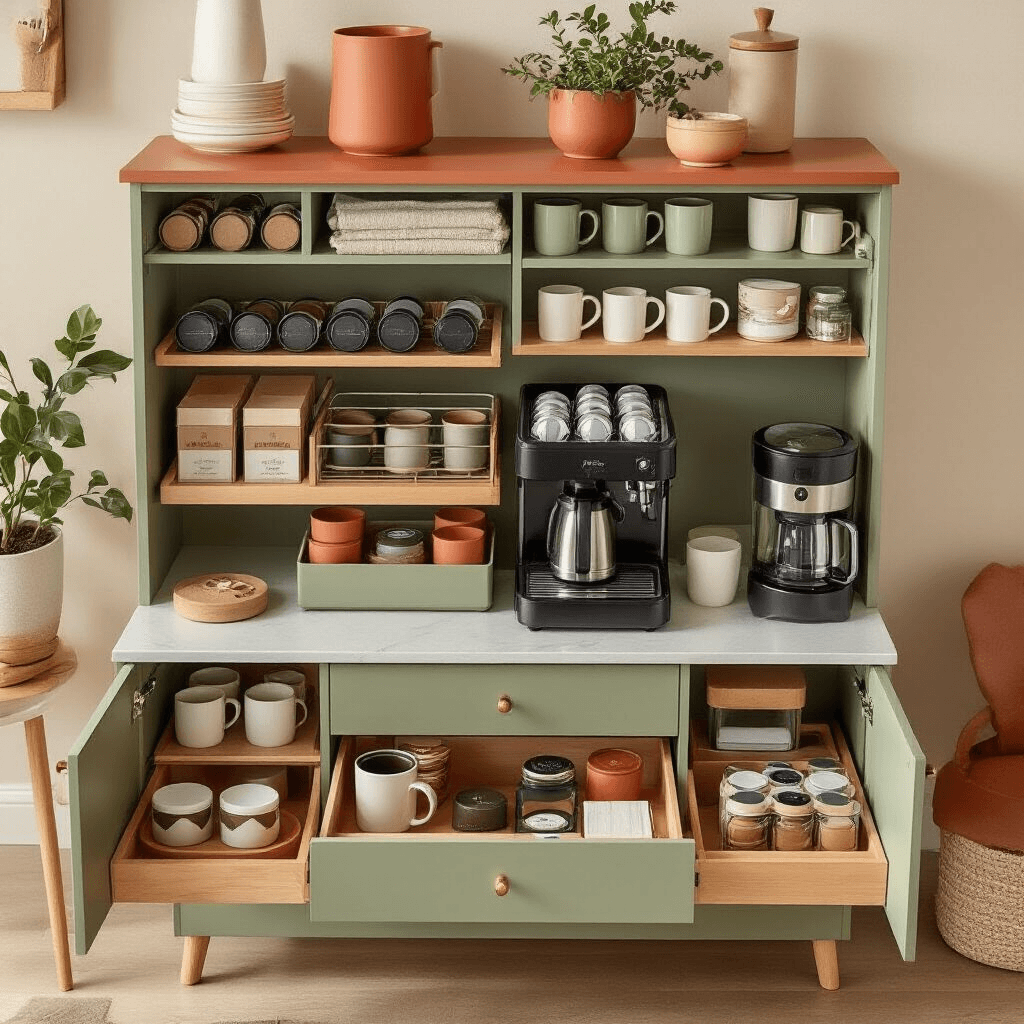 Transform Your Morning Ritual with the Perfect Coffee Bar Cabinet A compact coffee bar cabinet featuring efficient storage solutions like pull-out drawers for coffee pods, a built-in mug rack, and organized compartments for filters and accessories, set in warm terracotta and sage colors with soft natural lighting.