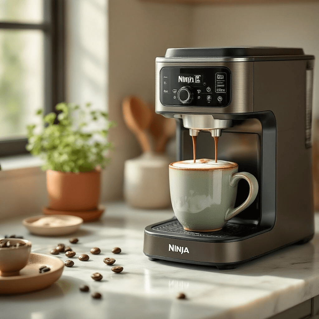 I Tested Every Ninja Coffee Maker with Frother – Here's What Actually Works (And What Doesn't) An intimate morning scene in a minimalist kitchen featuring the Ninja DualBrew Pro coffee maker, highlighting its frother mechanism with a hand-crafted porcelain mug of cappuccino, set against a terracotta and sage color palette, soft natural light, and a blurred marble countertop with coffee accessories and a potted herb.