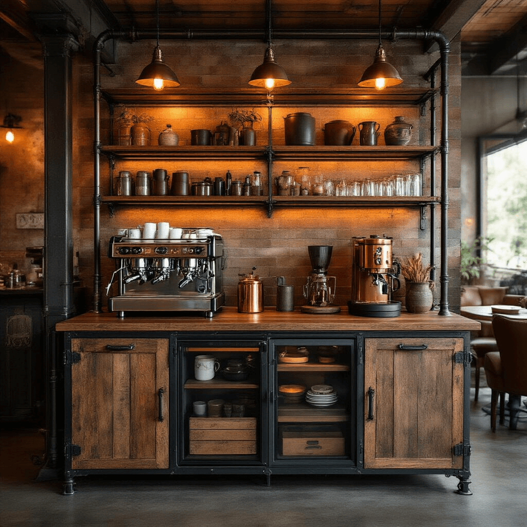 Transform Your Morning Ritual with the Perfect Coffee Bar Cabinet A luxurious farmhouse-industrial coffee bar cabinet with exposed metal piping, reclaimed wood surfaces, and vintage lighting, showcasing aged leather accessories, copper coffee equipment, and ceramic pieces, all illuminated by soft amber lighting.