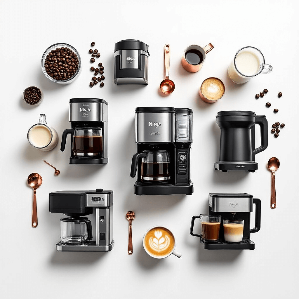 I Tested Every Ninja Coffee Maker with Frother – Here's What Actually Works (And What Doesn't) Flat-lay of various Ninja coffee makers on a crisp white background, surrounded by coffee beans, copper measuring spoons, latte art tools, and gradient milk glasses, with overhead lighting emphasizing their features.