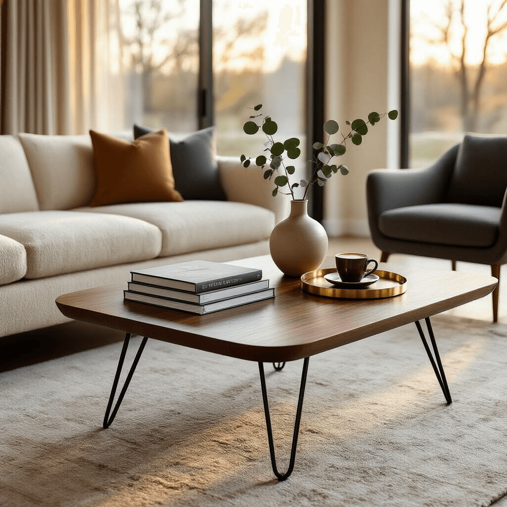 How I Transformed My Living Room with the Perfect Wooden Coffee Table (And How You Can Too) Photorealistic mid-century modern living room with walnut coffee table, soft golden hour light, floor-to-ceiling windows, cream boucle sofa, charcoal gray chairs, and carefully arranged decor including design books, a ceramic vase with eucalyptus, and a brass tray with an espresso cup.