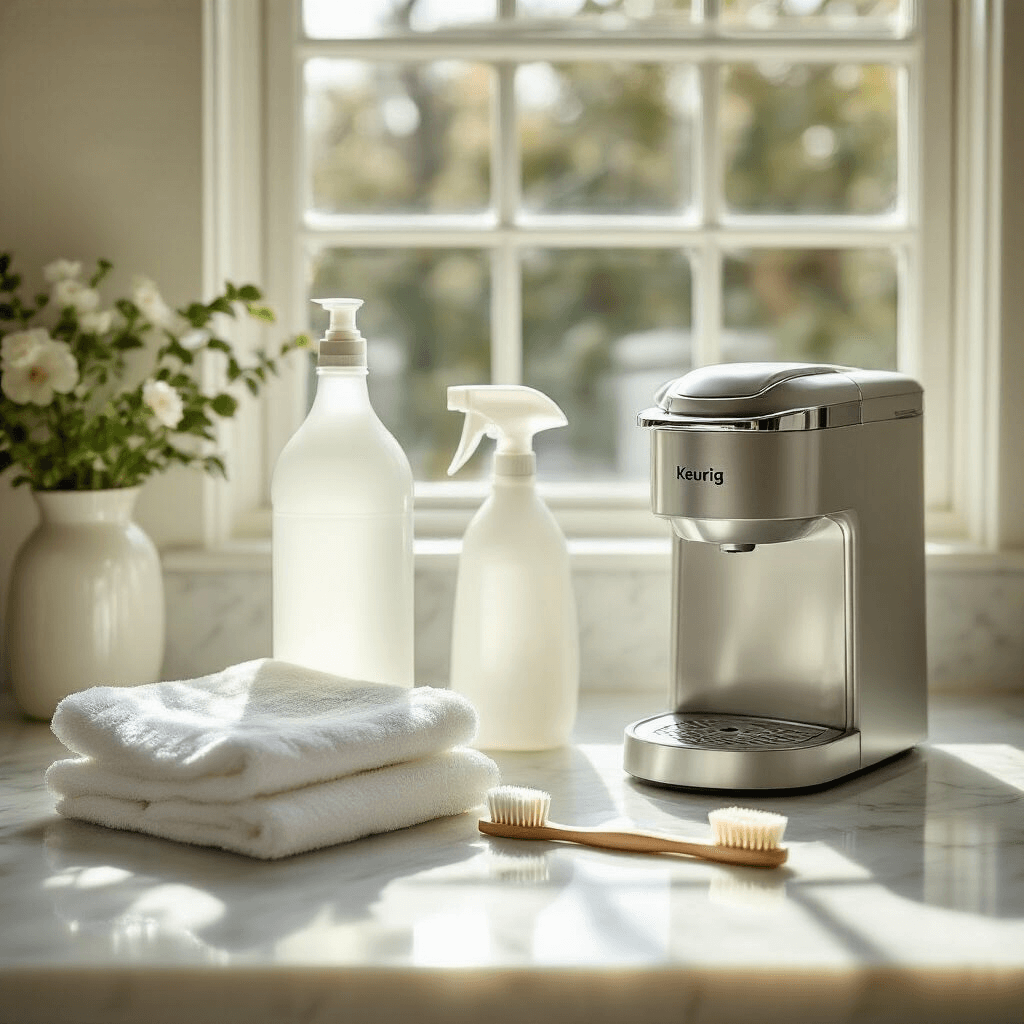 How I Learned to Keep My Keurig Running Like New (And You Can Too) A beautifully arranged cleaning station on a white marble countertop, featuring professional cleaning supplies like a white vinegar bottle, neatly folded microfiber cloths, and a vintage wooden toothbrush, all surrounding a spotless silver Keurig machine, illuminated by soft sunlight and diffused lighting in a neutral color palette.
