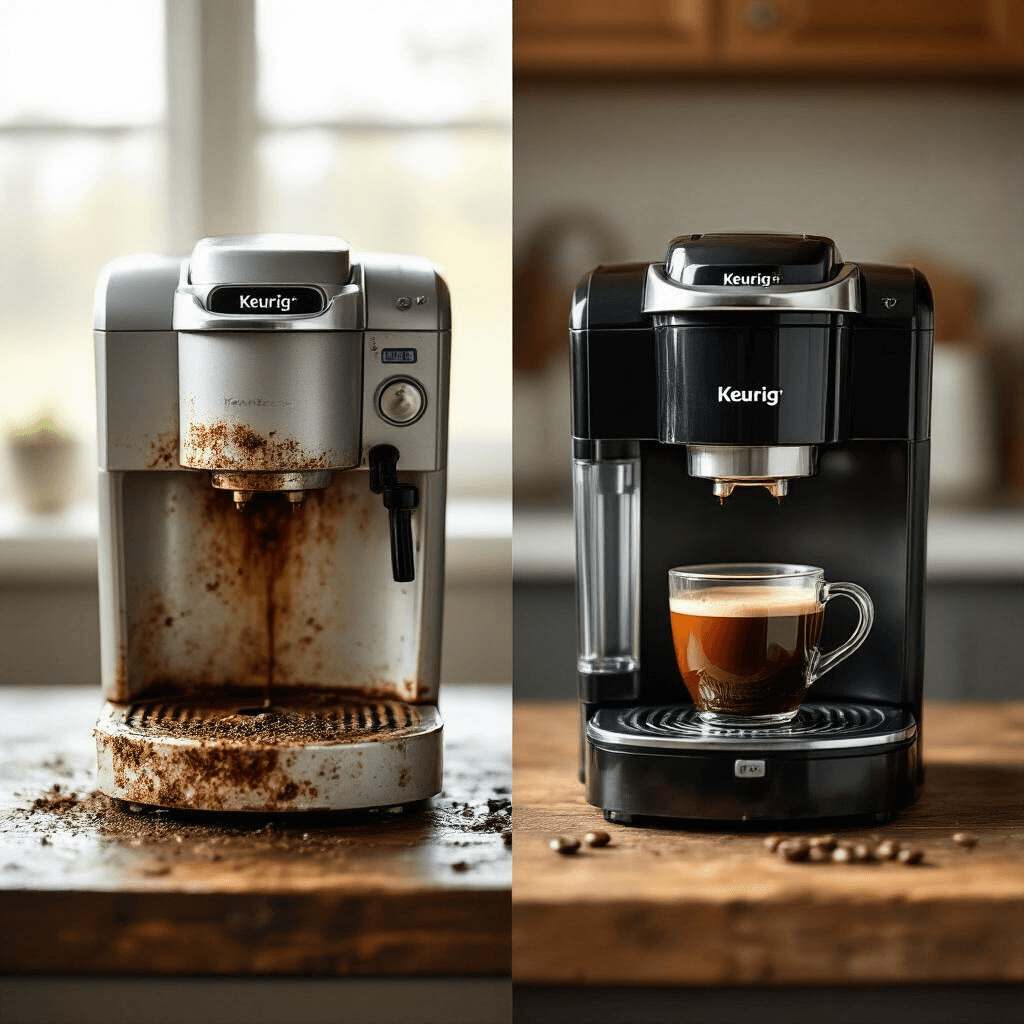 How I Learned to Keep My Keurig Running Like New (And You Can Too) Dramatic before-and-after image of a coffee machine; left side shows a grimy, mineral-stained Keurig with coffee residue, while the right side depicts the same machine gleaming and polished, staged on a rustic wooden surface with soft morning light enhancing the transformation.