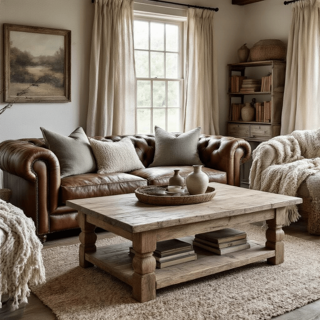 How I Transformed My Living Room with the Perfect Wooden Coffee Table (And How You Can Too) Rustic farmhouse living room with a chunky distressed oak coffee table, a vintage leather Chesterfield sofa, and soft natural light filtering through sheer linen curtains, showcasing hand-knitted throw blankets and artisan ceramic accessories.
