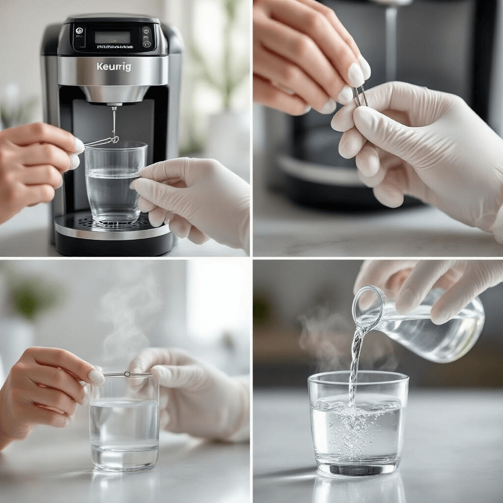 How I Learned to Keep My Keurig Running Like New (And You Can Too) A detailed maintenance tutorial featuring close-up shots of gloved hands performing a Keurig cleaning ritual: delicately using a paperclip to clean the brewing needle, a steaming vinegar descaling process, and pouring crystal clear water, all captured with cinematic lighting and photorealistic detail.