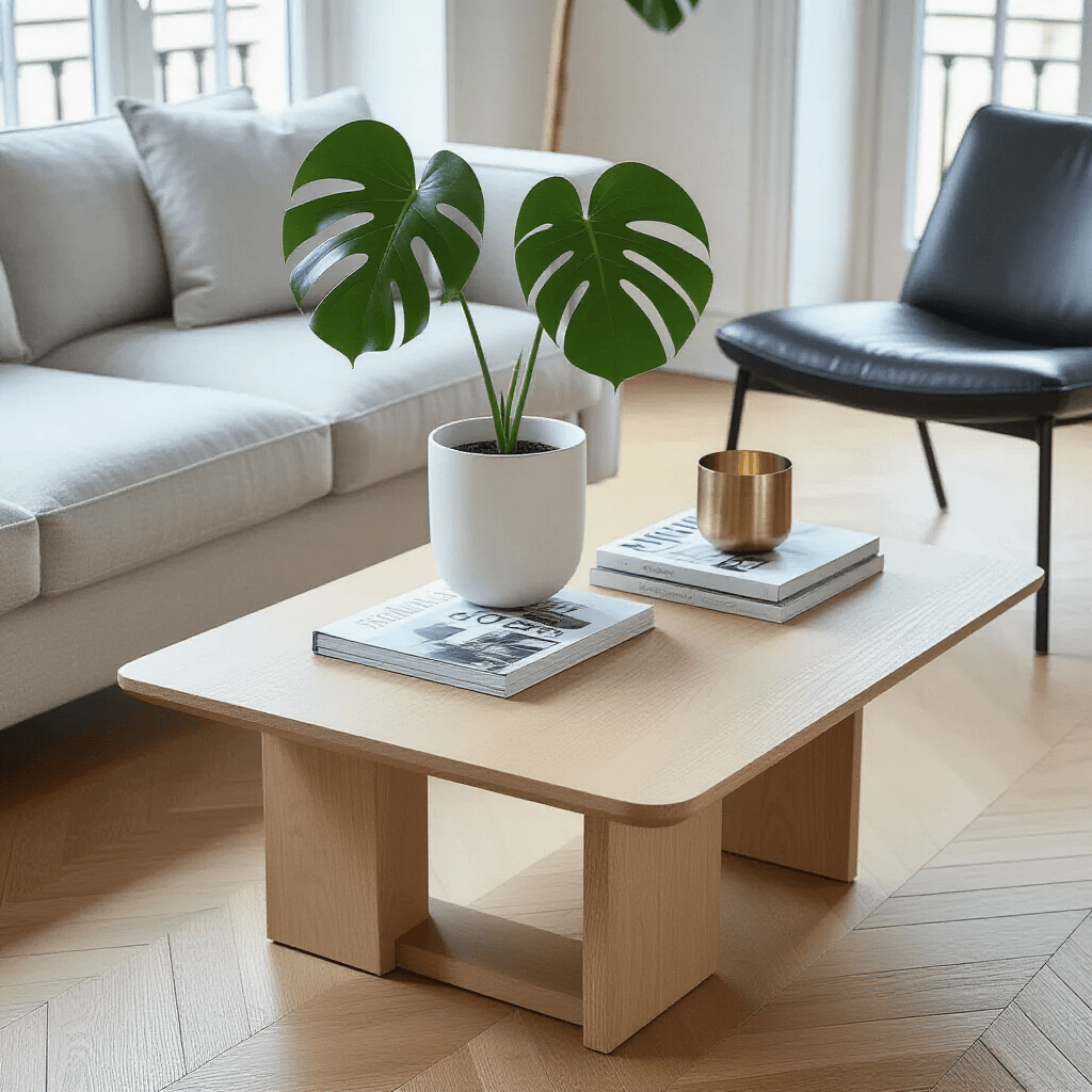 How I Transformed My Living Room with the Perfect Wooden Coffee Table (And How You Can Too) A minimalist Scandinavian living room featuring a light oak coffee table with geometric lines, styled with a monstera leaf in a white pot, design magazines, and a brass candle holder, surrounded by a light gray sofa and a black leather chair, all illuminated by soft morning light.