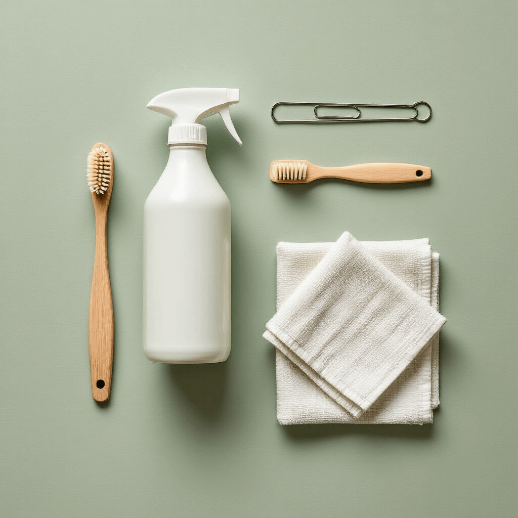 How I Learned to Keep My Keurig Running Like New (And You Can Too) Stylized flat lay of coffee machine maintenance tools on muted sage green linen; features a diagonal vinegar bottle, a perfectly folded microfiber cloth, a vintage toothbrush at a 45-degree angle, and a strategically placed metal paperclip, all highlighted by professional lighting emphasizing texture and detail.