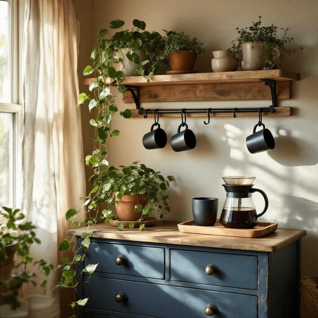 Creating the Perfect Corner Coffee Bar: My Journey from Cluttered Chaos to Morning Bliss A cozy kitchen corner coffee bar bathed in golden hour light, featuring a rustic wooden floating shelf with black mug hooks, a vintage navy blue dresser, a cascading pothos plant, and a warm wooden tray with ceramic pour-over equipment, all highlighted by soft sunlight filtering through sheer linen curtains.