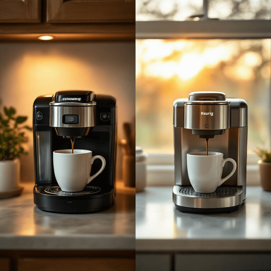 How I Learned to Keep My Keurig Running Like New (And You Can Too) Split screen image depicting a dejected, non-functioning Keurig coffee machine in sad morning light on the left, contrasted with a gleaming, revitalized coffee machine in warm golden hour lighting on the right, set on a minimalist kitchen counter with soft textures, illustrating the emotional journey of restoration through professional lifestyle photography and subtle color grading.