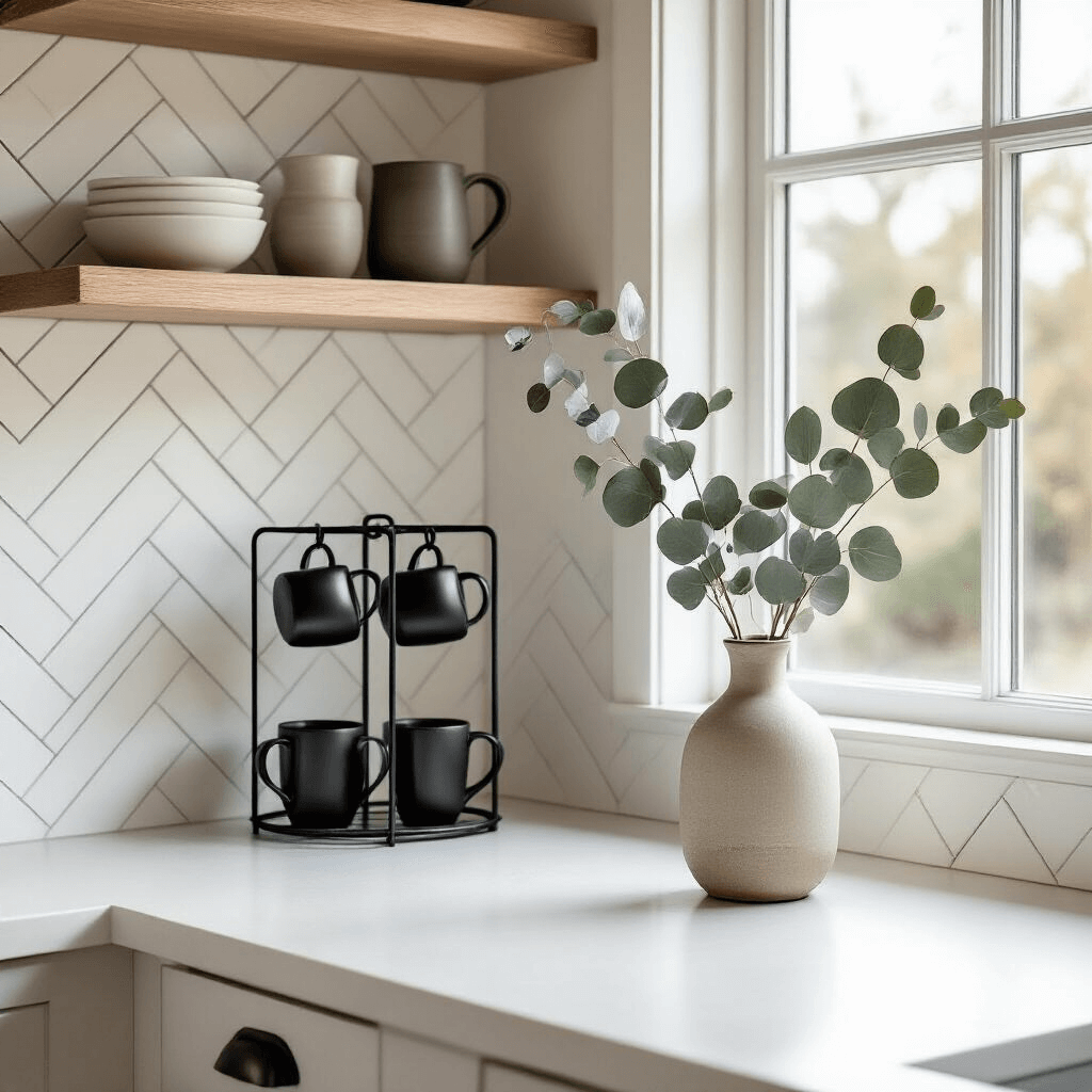 Creating the Perfect Corner Coffee Bar: My Journey from Cluttered Chaos to Morning Bliss Minimalist coastal coffee corner featuring a white herringbone backsplash, light driftwood shelves, a black metal mug tree with arranged mugs, a white countertop, and dried eucalyptus in a ceramic vase, all illuminated by soft morning light from a large window.